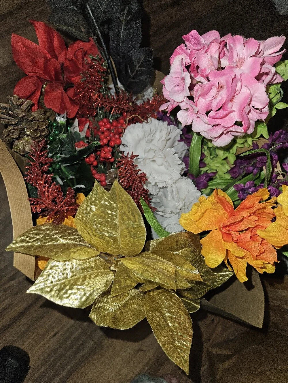 Large assorted lot of artificial flowers, greenery, berries, pinecones, Foam